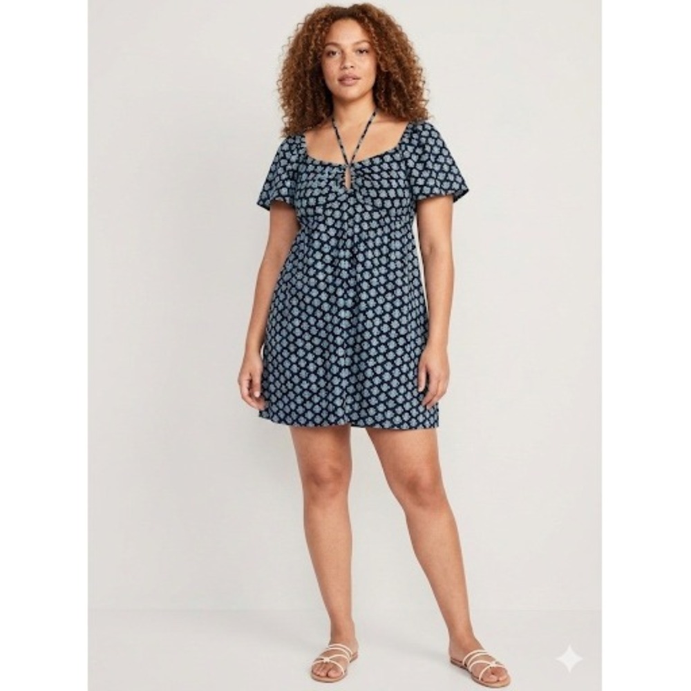 Old Navy NWT XL Tall Linen Blend Halter Keyhole Mini Swing Dress In The Navy